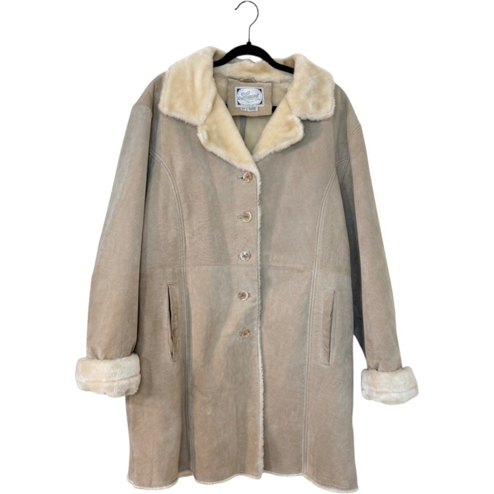 Learsi Tan Suede Leather Faux Fur Lined Coat Jacket‎ Womens XL Vintage 4478S